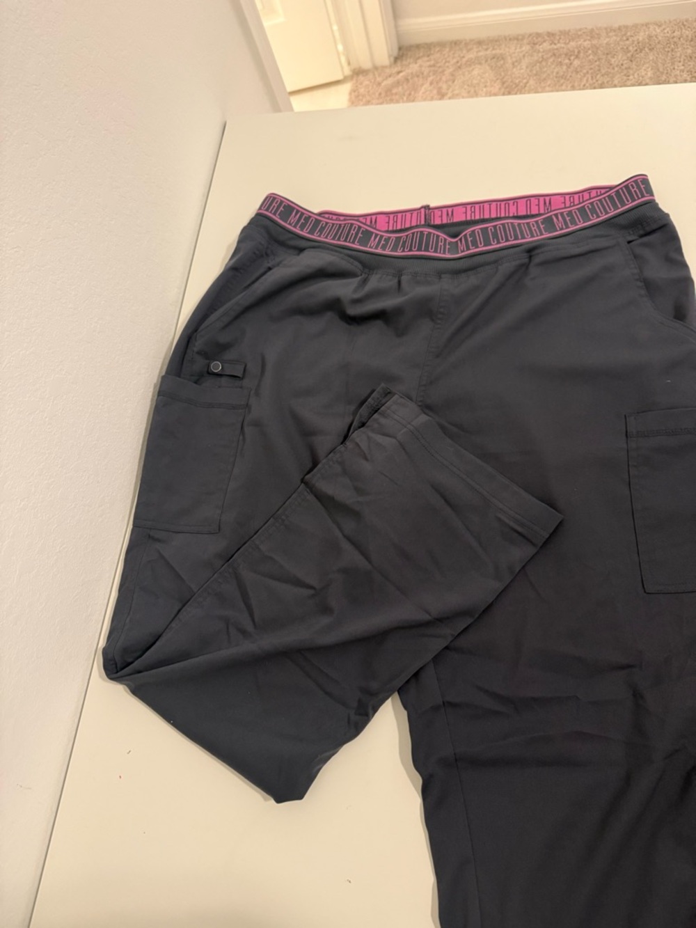 Med Couture Women’s Grey Scrub Pants with Pink Branded Waistband